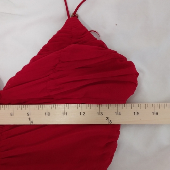 Size L Fashion Nova Red Ruched Spaghetti Strap Dress V Neck Hidden Back Zipper - Picture 6 of 9